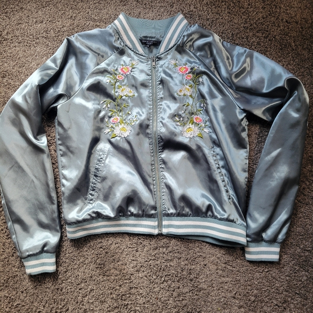 Sage Green Satin Bomber Jacket Embroidered Floral Pattern: Size Large